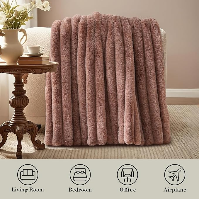 Amélie Home Faux Fur Throw Blanket for Couch, Ultra Cozy Fuzzy Fluffy Fur Luxurious Soft Striped Plush Gift Blankets for Family Sofa Chair Bed Living Room Bedroom, 60"x80", Ionic Fox Brown