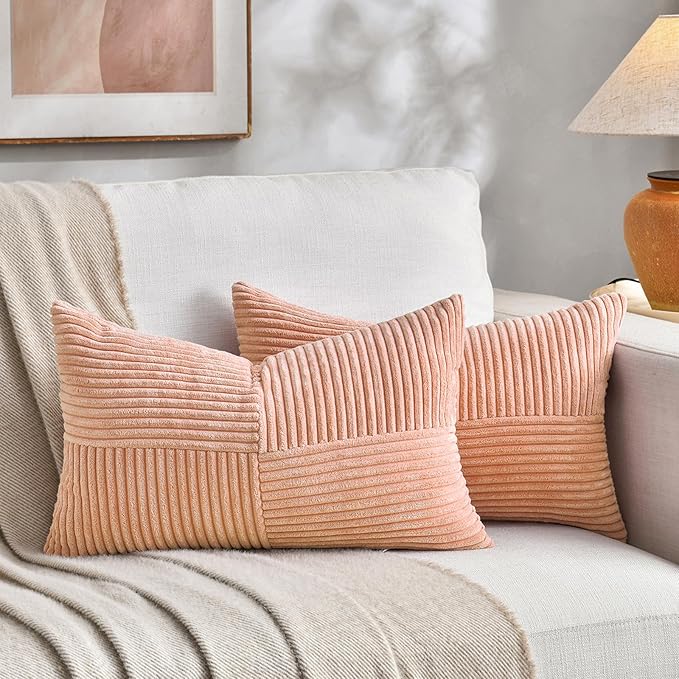Fancy Homi 2 Packs Peach Lumbar Decorative Throw Pillow Covers 12x20 Inch for Living Room Couch Bed Sofa, Rustic Farmhouse Boho Home Decor, Soft Striped Corduroy Rectangle Accent Cushion Case 30x50 cm