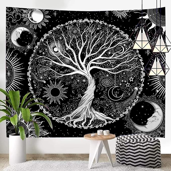 AACKart Tree of Life Tapestry for Bedroom Aesthetic Room Decor-Black and White Spiritual Tree Tapestry Wall Hanging with Sun Moon Star 78.7×59.1 inches