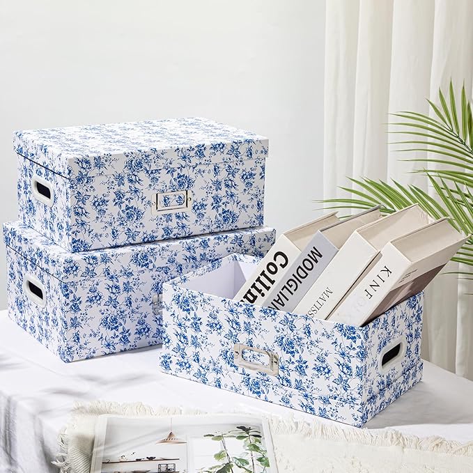 Briful Set of 4 Blue and White Storage Boxes with Lids – Photo Boxes Elegant Floral Nesting Organizer Bins, 14''/13''/12.2''/7.5'' Set Decorative Cardboard Gift Boxes for Home or Office Use