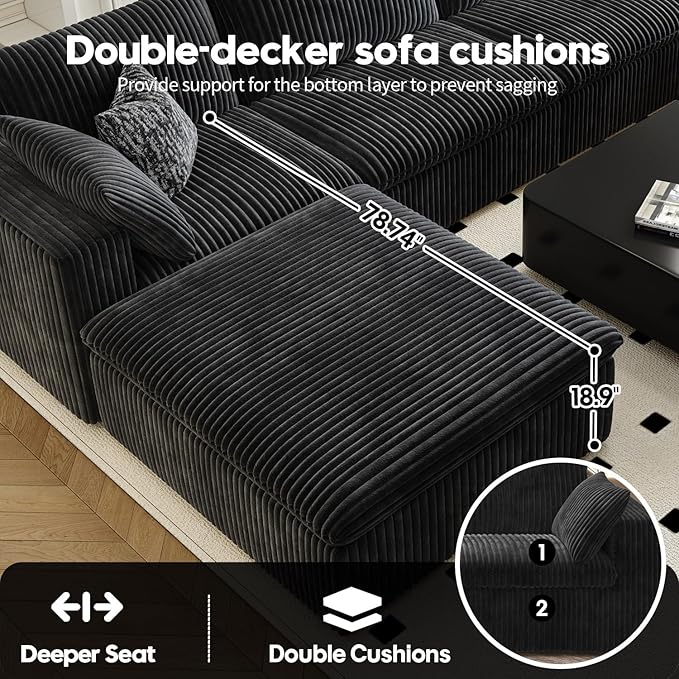118" Cloud Couch Modular Sectional Sofa for Living Room,Modern Sofa with Deep Seat，U-Shape Boneless Couch with 2 Ottoman,Comfy Upholstered Corduroy Couches for Apartment, Studio, Office,Bedroom，Black