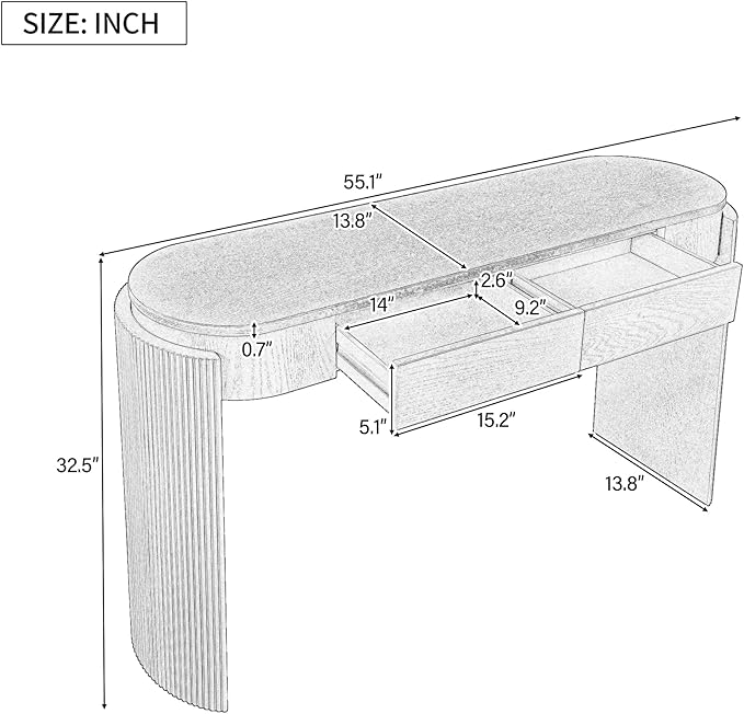55" Sofa Table with Oval Top and 2 Drawers, Entryway Console Table with Fluted Design for Hallway,Foyer,Entry and Living Room (Fully Assembled-Espresso)