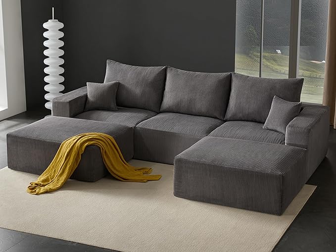 Boneless Sectional Cloud Couch Sofa for Living Room, 112" U-Shaped Modular Modern Lounge Sleeper Grey Couches with Chaise, No Assemble, Cordury Compression Upholstered Sofas