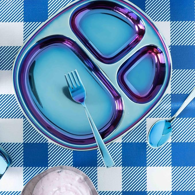 Ahimsa Stainless Steel Kids Utensils - Kids Fork and Spoon Set, Pediatrician Designed Toddler Utensils, 100% BPA Free & Dishwasher Safe (Iridescent Blue)