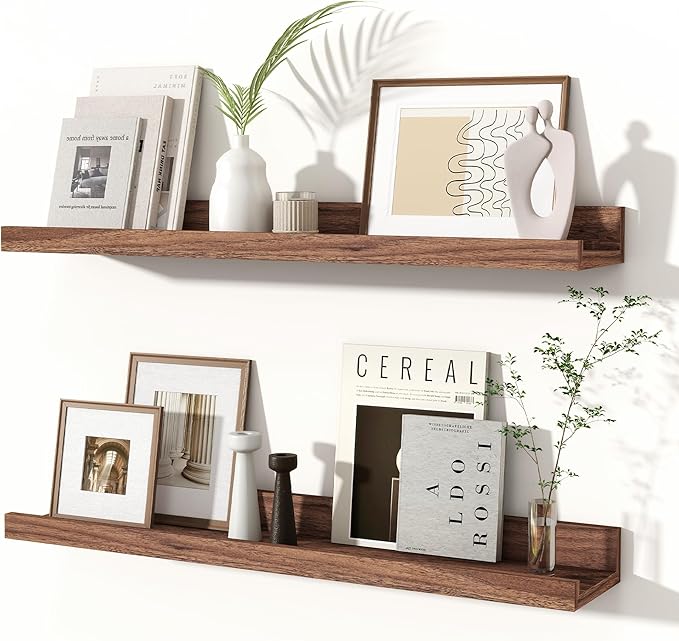 Fun Memories Picture Ledge Shelves Set of 2, 24 Inch Rustic Wall Mounted Floating Shelves with Lip for Home Storage and Décor in Bathroom, Kitchen, Nursery, Bedroom, Living Room, Walnut