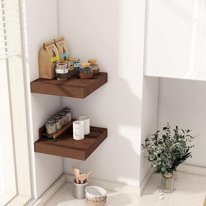 Fun Memories 12 Inch Floating Shelf, Rustic Wood Wall Shelves for Wall Decor & Storage, 12 x 12 Floating Shelf for Living Room, Bathroom, Bedroom, Walnut, Set of 2