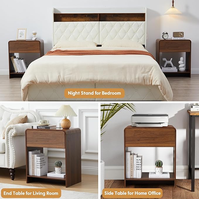 Fluted Nightstand Set of 2 with Charging Station, Modern Bed Side Table End Table with Drawer Storage, Large Wooden Night Stands Bedside for Bedroom Living Room Sofa Office, Walnut 2 Sets