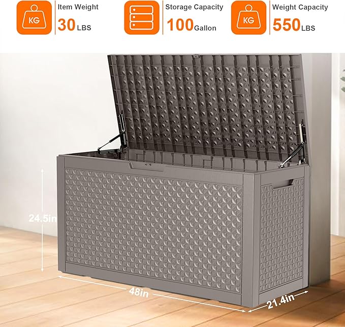 100 Gallon Resin Deck Box, Lockable Outdoor Storage Box for Patio Cushions Storage Furniture,Garden Tools, Pool Supplies, Weatherproof and UV Resistant (Grey L)