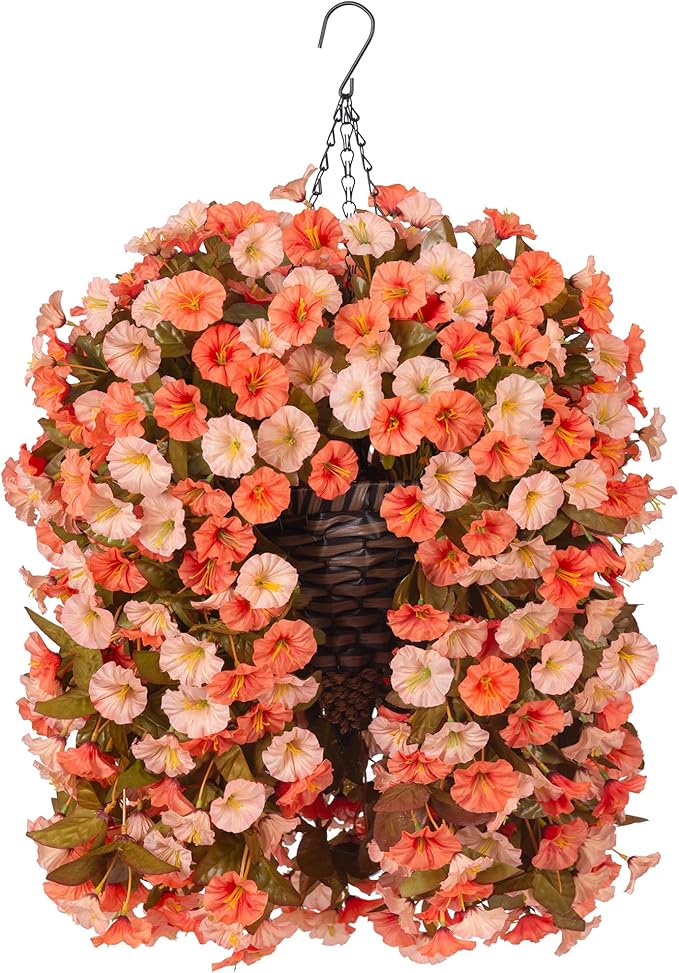 Artificial Fake Fall Hanging Flowers Plants Basket for Outdoor Autumn Decoration, Faux Silk Morning Glory Long Vines Realistic UV Resistant for Outside Home Porch Garden (Fall Orange+Light Orange)