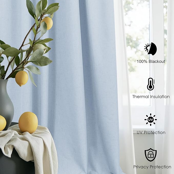 Baby Blue Curtains for Bedroom 45 Inch Length 2 Panel Linen Blackout Short Curtains for Nursery Boy Girls Bathroom Kitchen Light Bluey Unisex Black Out Drapes for Living Room Heat Cold Light Blocking