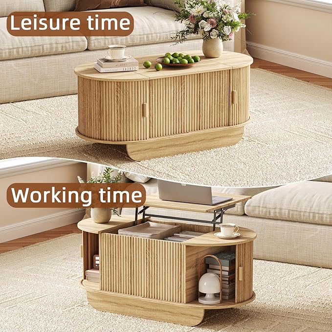 Fluted TV Stand and Coffee Table Set of 2,86.61'' TV Console for 55-85 Inch,Modern Entertainment Center with Large Storage Cabinet,Lift Top Coffee Table for Living Room, Bedroom, Natural