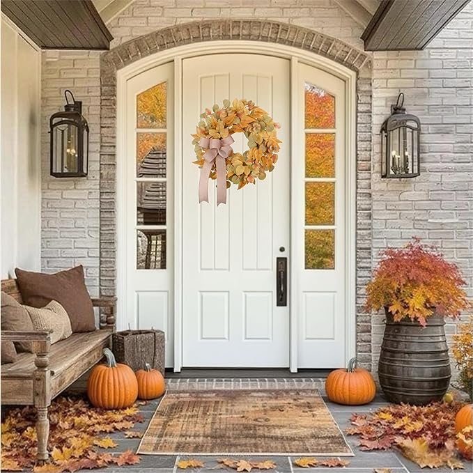 Fall Wreath for Front Door 24 Inch, Autumn Colored Faux Leaves Wreath with Bow, Simple & Minimalist Fall Decoration for Home Farmhouse Door Wall Window Indoor/Outdoor