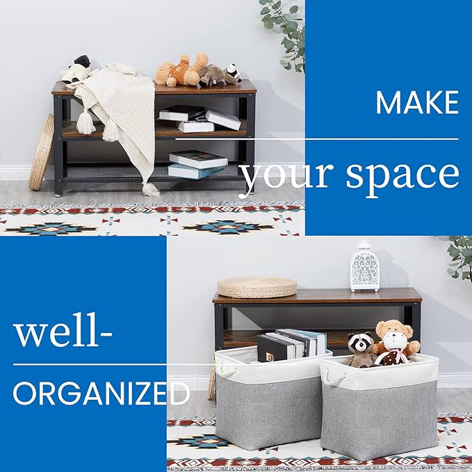 Bidtakay Large Storage Bins for Clothes Fabric Deep Baskets for Organizing Set of 2 Grey Fabric Pantry Storage Bins for Hallway Living Room Blankets 17x12x15 in Extra Large Shelf Tote Baskets