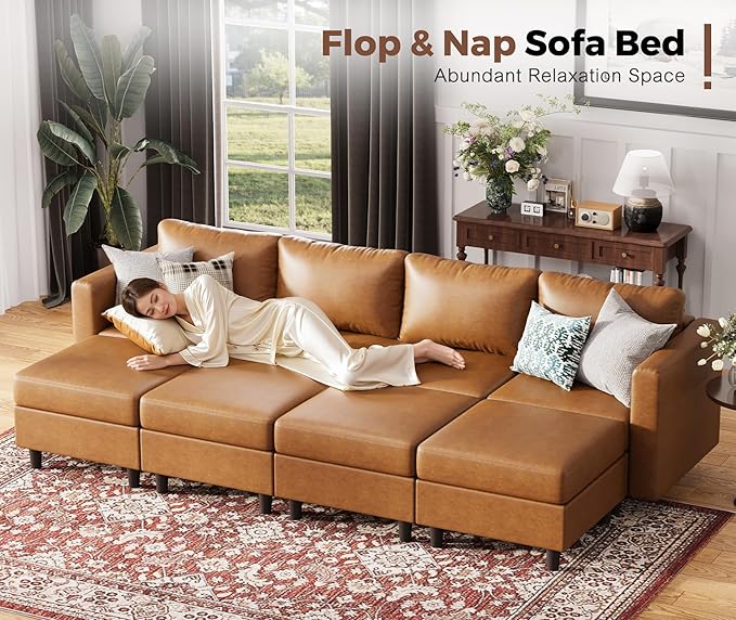 118.5" Faux Leather Modular Sectional Sofa, Modern Large 8 Seater U Shaped Couch with Storage Seat with Reversible Chaise Deep Seat for Living Room DIY Combination - Brown