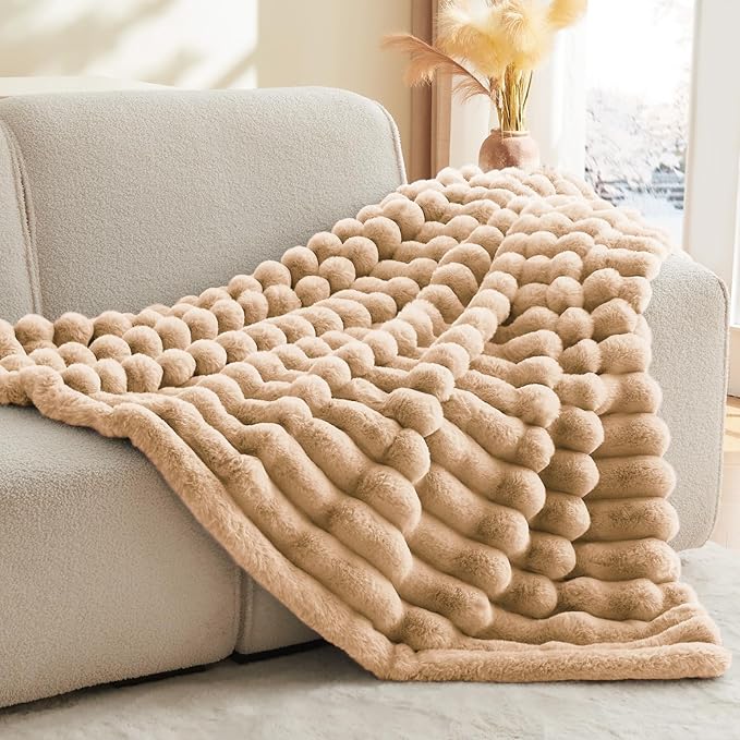 BEDELITE Faux Fur Throw Blanket for Couch, Soft and Cozy Luxurious 3D Striped Fluffy Blanket, 770GSM Thick Warm Plush Fuzzy Faux Rabbit Fur Blanket for Women Gift (Brown, 60"x 80")