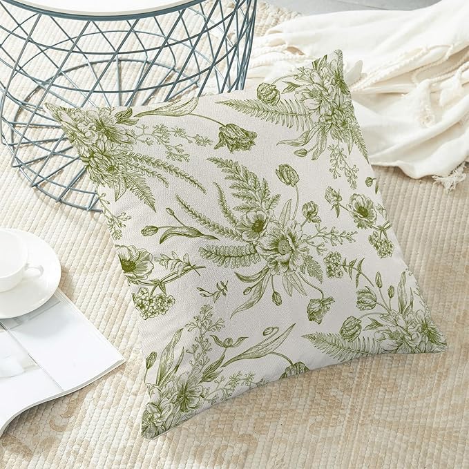 CXMEIFLY Sage Green Floral Leaves Chinoiserie Decorative Throw Pillow Covers Set of 2, 18x18 Inch, Perfect for Living Room, Bedroom, Outdoor Gardens