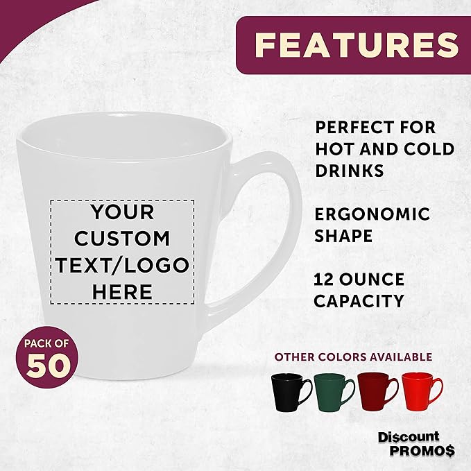 DISCOUNT PROMOS Custom Glossy Ceramic Latte Coffee Mug 12 oz. Set of 50, Personalized Bulk Pack - Perfect for Tea, Espresso, Cappuccino, Hot Cocoa - White