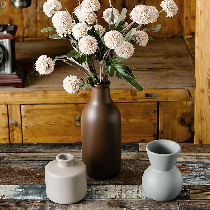 Fake Flowers in Vase for Centerpieces, Faux Flowers in Modern Ceramic Vase Set of 3 with 8 Artificial Autumn Chrysanthemums Home Decor