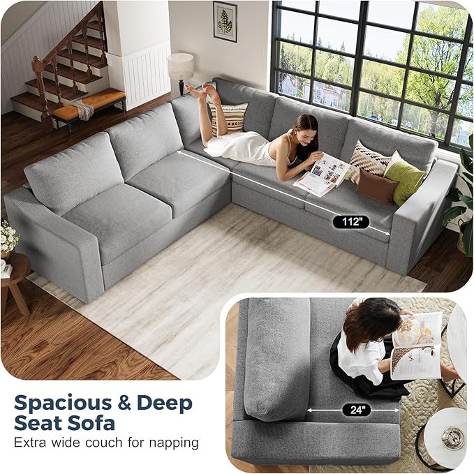 112" L Shaped Sectional Sofa with Detachable Sofa Cover, Reversible Sectional Modular Couch for Living Room, Linen Fabric Corner Couch with 7 Seats, Grey