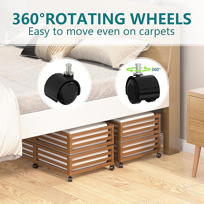Bamboo Under Bed Storage Containers- Underbed Organizer with Wheels with Large Dust Bag,Sturdy Wood Rolling Under the Bed Shoe Storage Organizer Drawer 2 Packs (Walnut, Long)