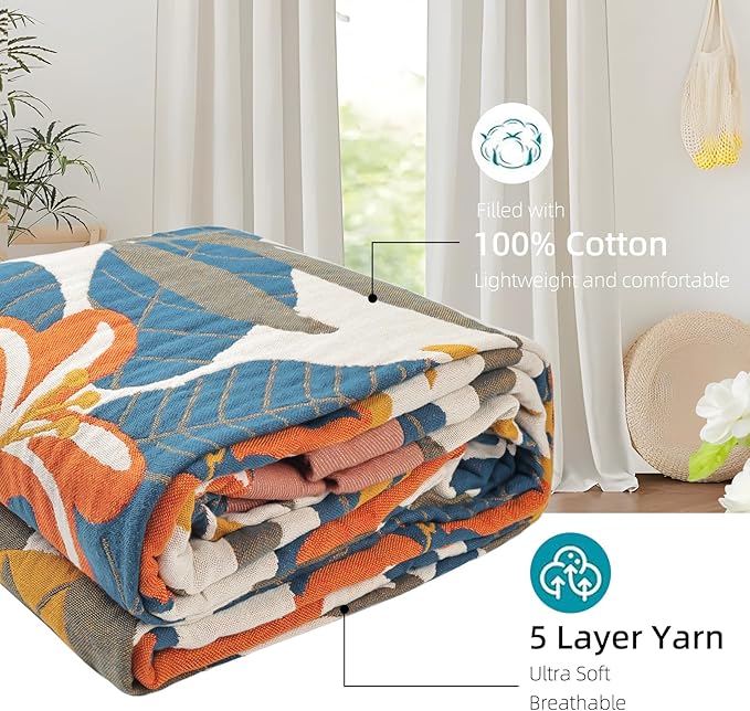 Boho Throw Blanket for Bed - 100% Pure Cotton Ultra Soft Rustic Quilt - Farmhouse Decor Bed Blankets, All Season Rustic Throw for Sofa Couch Chair(60"×80", Floral Sea)