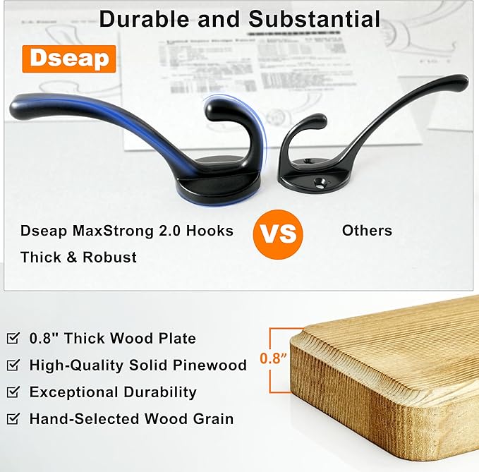 Dseap Coat Rack Wall: 24" Long, Patented, Heavy-Duty, 6-Double-Hooks Wooden Wall Mounted Coat Rack Coat Hanger Hook Rail for Winter Coats Hat Jacket Clothing, Light Brown, Pack of 2