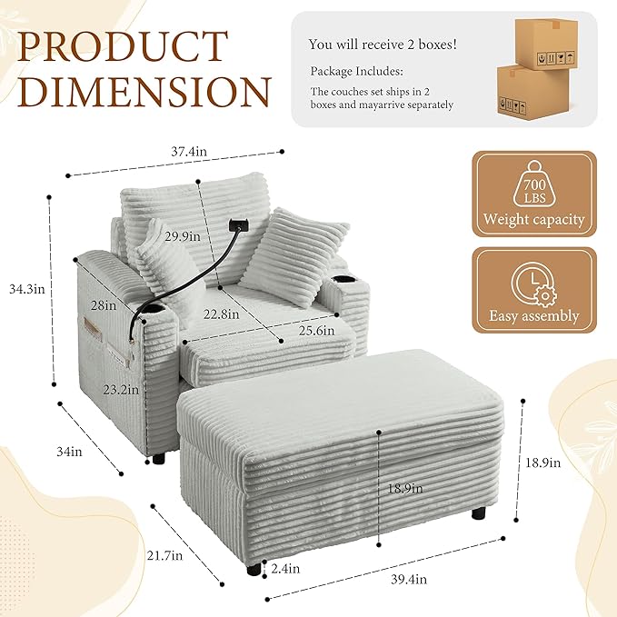 Accent Chair with Storage Ottoman Upholstered Living Room Chairs for Reading Chair with Chaise Lounge Chairs Indoor, Comfortable Armchair for Bedroom