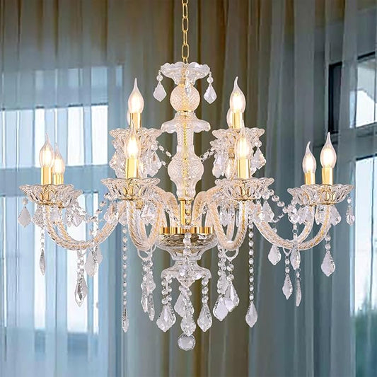 Contemporary Crystal Chandelier 12 Lights Clear Crystal Ceiling Lights for Living Room，E12 Base Double Layered Pendant Light Fixture for Dining Room Staircase, Hallway