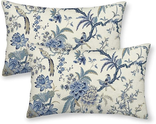 CXMEIFLY Spring Floral Birds Pillow Covers 12 x 20 Inch Set of 2 for Chinoiserie Flowers Decor Throw Pillows Blue and White Plant Outdoor Decorative Cushion Cases for Couch Bed Decorations