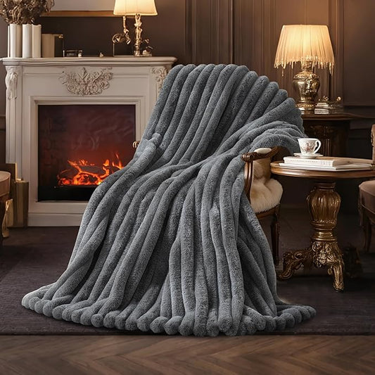 Amélie Home Faux Fur Throw Blanket for Couch, Ultra Cozy Fuzzy Fluffy Fur Luxurious Soft Striped Plush Gift Blankets for Family Sofa Chair Bed Living Room Bedroom, 55"x70", Ionic Wolf Gray
