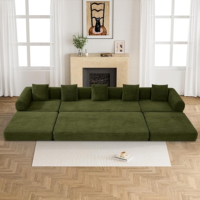 Convertible Sleeper Sofa Bed Set with Pillow, 4-in-1 Corduroy Folding Mattress Boneless Couch with Fixed-Shape Frame, Fold Out Floor Sofa Cama Lounge Couch for Living Room, Olive Green