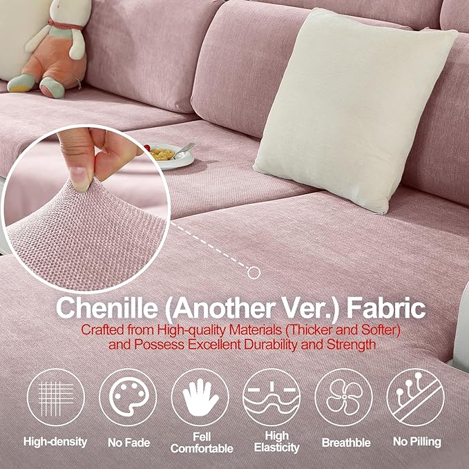 Couch Cushion Covers Individual Large Super Stretch Chenille (Softer Version) Sofa Cushion Covers, Couch Seat Covers Couch Slipcovers Furniture Protector (2PC, Pale Pink)