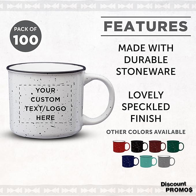 DISCOUNT PROMOS Custom Ceramic Campfire Coffee Mugs 13 oz. Set of 100, Personalized Bulk Pack - Perfect for Tea, Espresso, Cappuccino, Hot Cocoa - White