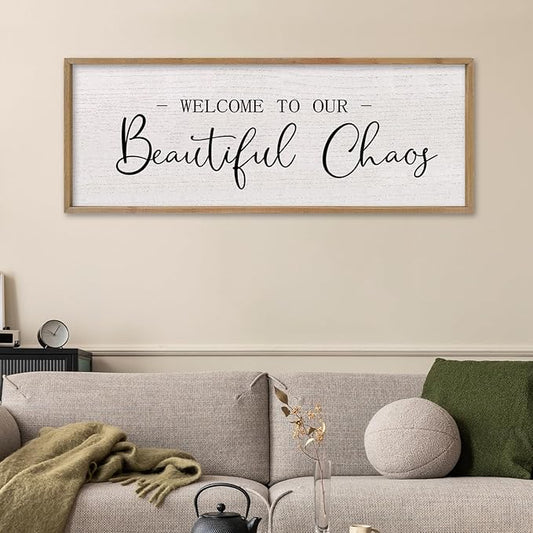 comurdyo Welcome To Our Beautiful Chaos Wall Decor Art 40"X15" for Home Entryway Sign Large Wood Framed Wall Hanging (Wood)