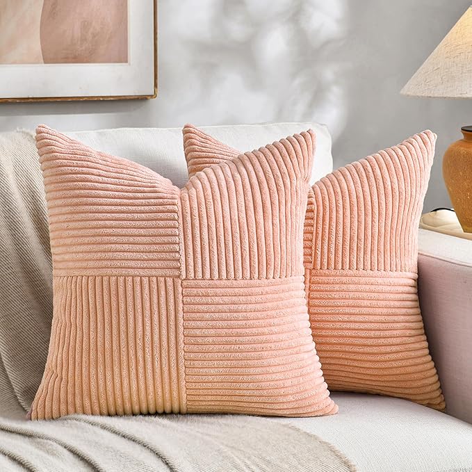 Fancy Homi 2 Packs Peach Decorative Throw Pillow Covers 22x22 Inch for Living Room Couch Bed Sofa, Rustic Farmhouse Boho Home Decor, Soft Corss Corduroy Patchwork Accent Square Cushion Case 55x55 cm