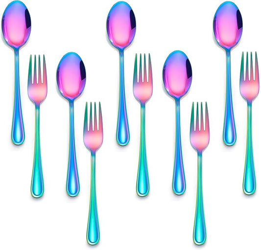 E-far 10-Piece Rainbow Toddler Utensils, Kid Stainless Steel Silverware Set, Children Safe Forks and Spoons Set for Self Feeding, Healthy & Non-Toxic, Mirror Polished & Easy to Clean