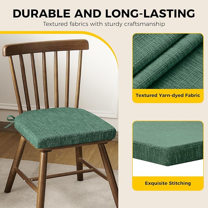downluxe Indoor Chair Cushions for Dining Chairs, Soft and Comfortable Textured Memory Foam Kitchen Chair Pads with Ties and Non-Slip Backing, 16" x 16" x 2", Dark Green, 4 Pack