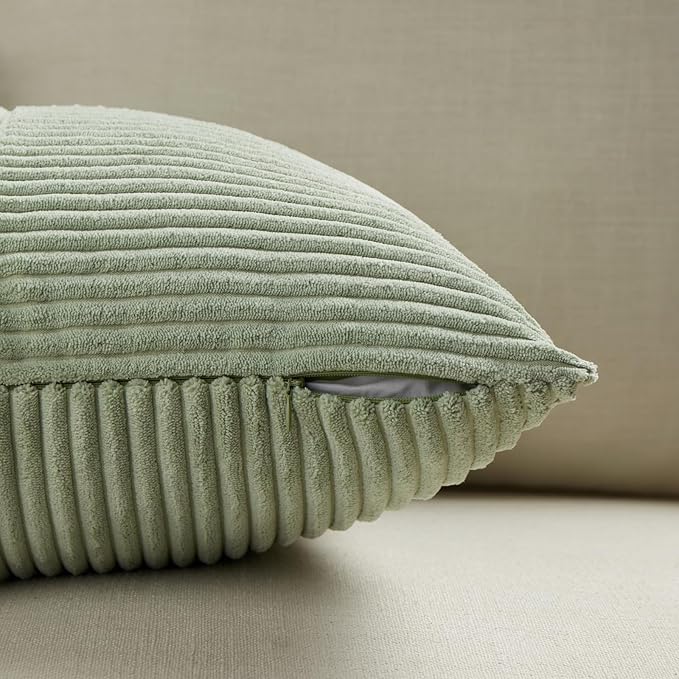 Fancy Homi 2 Packs Sage Green Decorative Throw Pillow Covers 16x16 Inch for Living Room Couch Bed, Rustic Farmhouse Boho Home Decor, Soft Corss Patchwork Corduroy Textured Square Cushion Case 40x40 cm