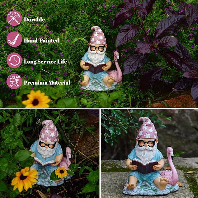 Gnome Statue Garden Decor, Resin Gnome and Flamingo Figurines Outdoor Decorations for Yard Art Porch Lawn Ornaments, Unique Housewarming Gifts