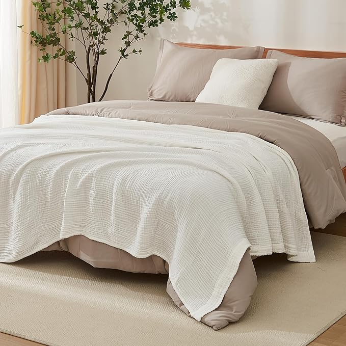 EMME Cotton Throw Blanket for Couch Soft Muslin Blankets 50"x60" Lightweight Breathable Blanket All Season Gauze Blanket, White
