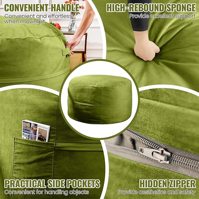 4FT Bean Bag Chair: Bean Bag with Velvet Cover, Fluffy and Comfy Bean Bag Chairs for Adults and Kids, Bean Bag Sofa Filled with High-Density Sponge for Gaming (Mint Green)