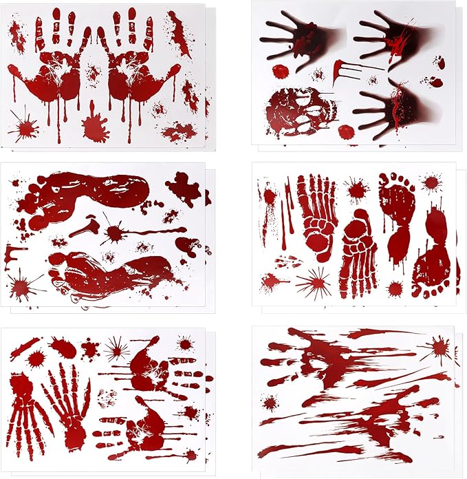 DC-BEAUTIFUL Halloween Bloody Handprint Footprint Horrible Window Stickers, 12 Sheets Decoration Clings for Window Wall Floor Glass Bathroom Outdoor Indoor Halloween Party