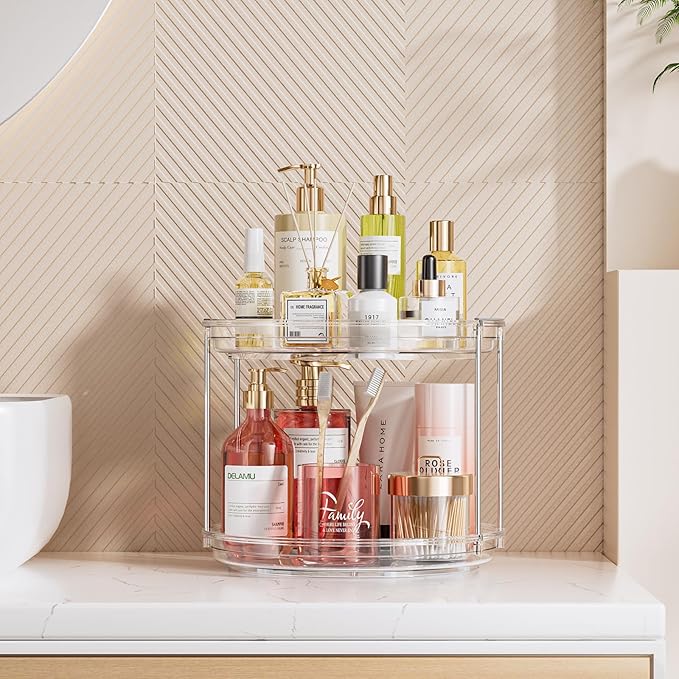 2 Tier Lazy Susan Organizer, 9.25'' Lazy Susan Turntable for Cabinet, Stackable Turntable Organizer Rotating Spice Rack Organization for Kitchen Countertop, Pantry, Bathroom, Clear