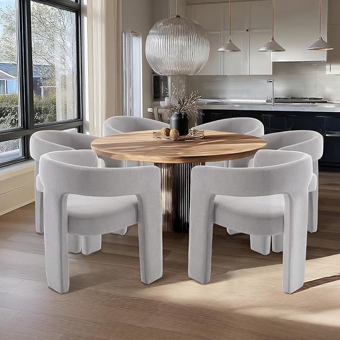 Grey Chenille Dining Chairs Set of 6, Modern Barrel Dining Room Chairs Upholstered Faux Fur Accent Chair with Arms and Round Back for Living Room Kitchen Armchair No Assembly Needed