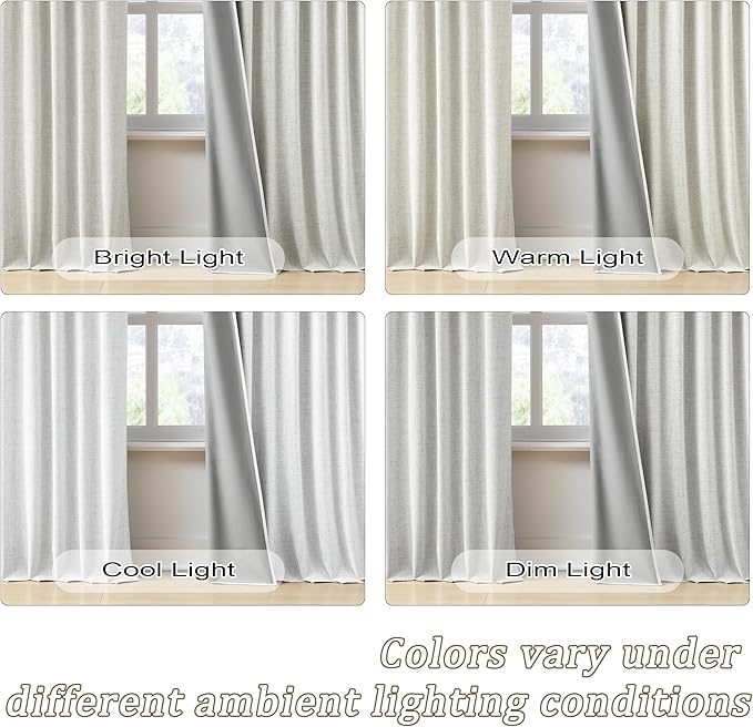94 Inch Long Blackout Curtains 2 Panels,Pleated Back Tab Rod Pocket with Hooks,Solid Rustic Heat Reflective Linen Textured Dark Out Darkening Curtains for Living Room 50W x 94L Natural Cream