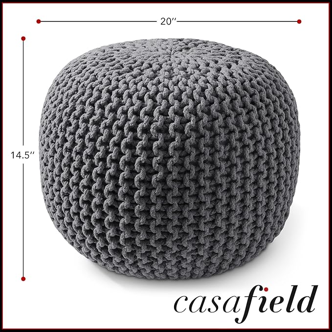 Casafield Round Pouf Ottoman, Dark Gray - 20" Diameter x 14.5" High Cotton Knit Foot Stool - Boho Floor Pouffe for Living Room, Bedroom, Home Office