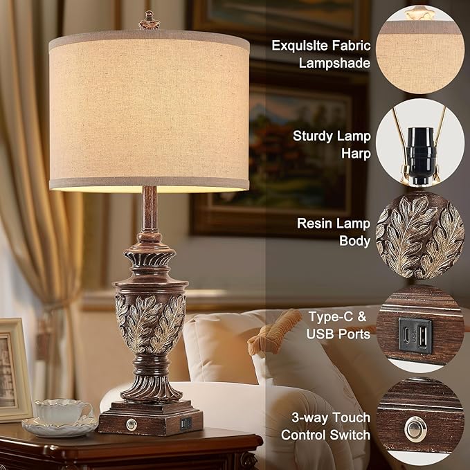 Farmhouse 3-Way Dimmable Touch Table Lamp Set of 2 for Bedroom Living Room with USB A+C Charging Ports 27.75" Tall Rustic Traditional Nightstand Bedside Lamps Brown End Table Lamp (2 Bulbs Included)