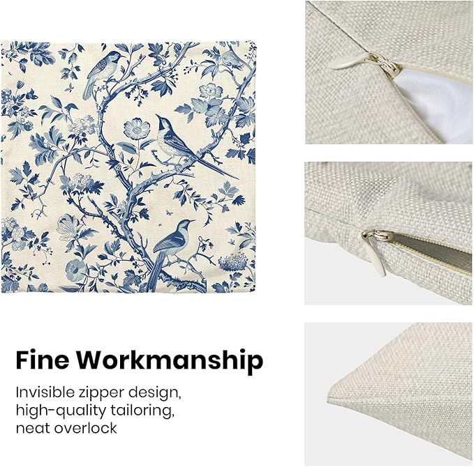 CXMEIFLY Spring Floral Pillow Covers 18 x 18 Inch Set of 2 for Navy Blue Chinoiserie Flowers Bird Decor Throw Pillows Vintage Plant Outdoor Decorative Cushion Cases for Couch Bed Decorations