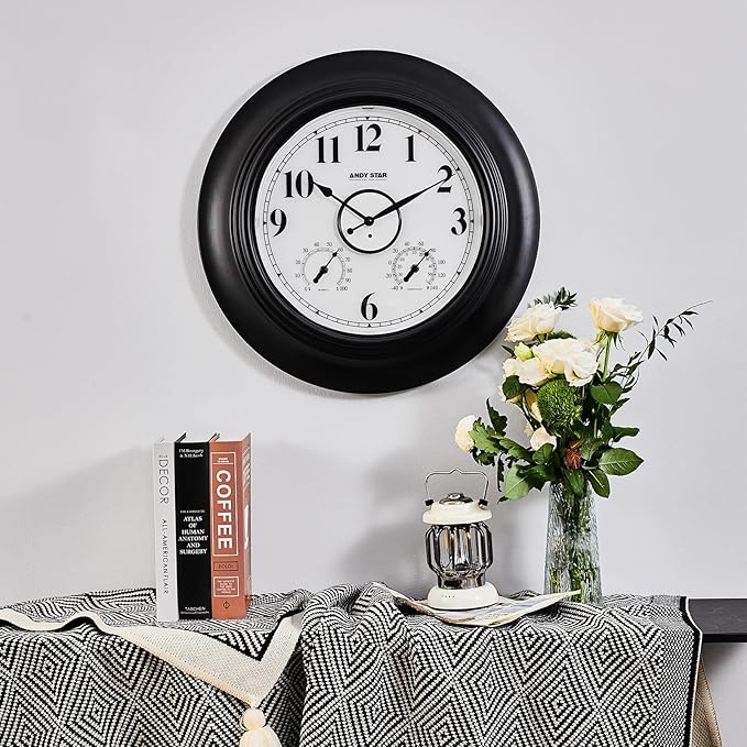 Andy Star 21 Inch Large Illuminated Outdoor Wall Clock Waterproof with Thermometer and Hygrometer, Oversized Battery Wall Clock for Patio Pool, Oil Rubbed Bronze Silent Non Ticking Clock for Garden