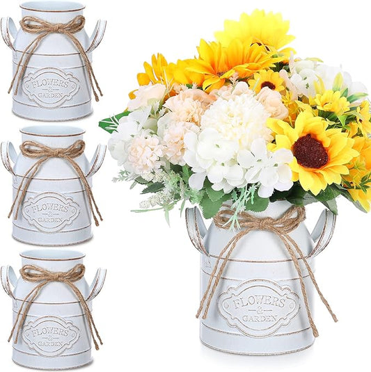 6 Inch Farmhouse Vase Decor Milk Can Vintage Flower Jug Galvanized Metal Vase with Handle Rustic Flower Buckets for Thanksgiving Christmas Table Centerpiece Weddings Gifts(Retro White,4 Pcs)
